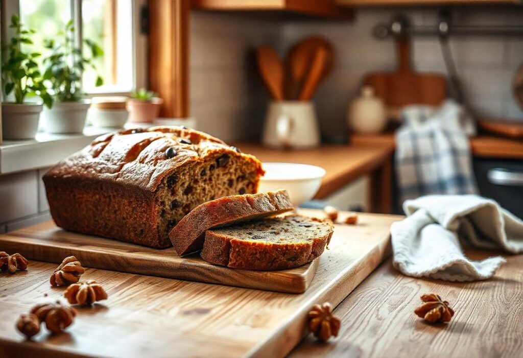 Freshly baked banana bread sliced and ready to serve.